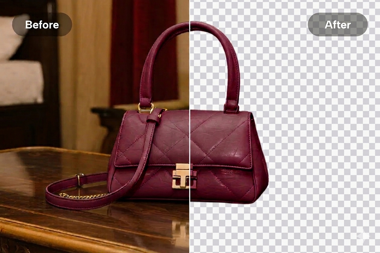 Product Photo - AI background removal example showing clean subject extraction from the original background with a transparent PNG result